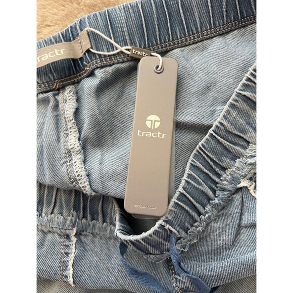 Tractr Womens Indigo-Dyed Wide-Leg Denim Pants With Drawstring Waist & Frayed Po - Picture 6 of 8